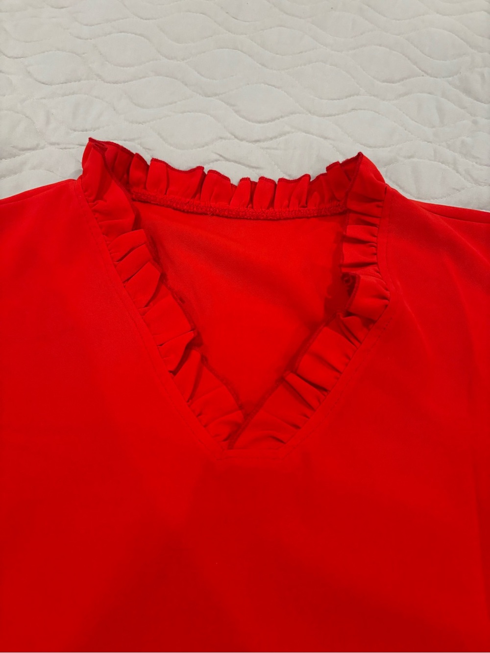 Red Ruffle V-Neck Women's Top - Picture 2 of 4